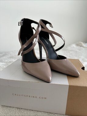 Call It Spring Taupe Patent Pointed-Toe Crisscross Ankle Strap Heels